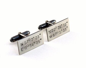 Personalized Cuff Links, Sterling Silver, Custom Cufflinks, Engraved, Wedding Cuff Links, GPS Coordinates Cuff Links