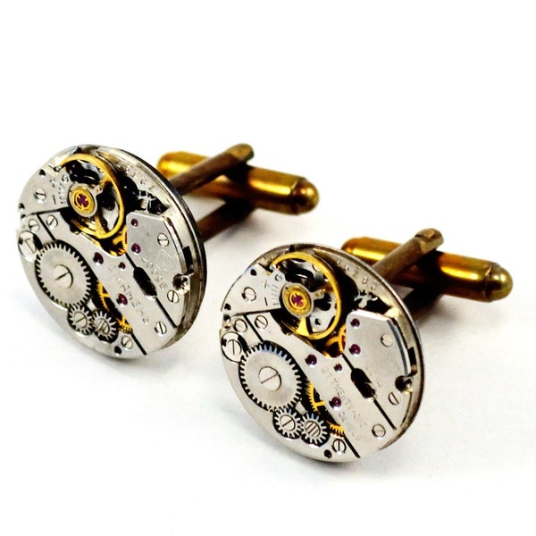 Watch Movement Cufflinks, Steampunk Cufflinks, Circular Watch Cuff Links, Watch Mechanism, Antique Steel and Brass Cuff Links, Gears, Cogs