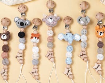 Clip de madera personalizado para chupete, soporte para chupete con nombre de animal tejido a crochet personalizado, regalos para baby shower