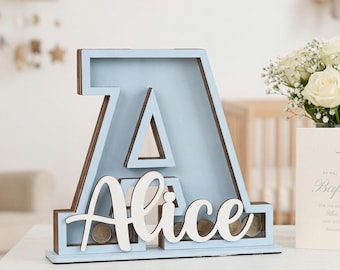 Salvadanaio personalizzato con lettere per bambini e bambine, salvadanaio con alfabeto personalizzato, salvadanaio in legno, regalo per baby shower, decorazione per la cameretta.