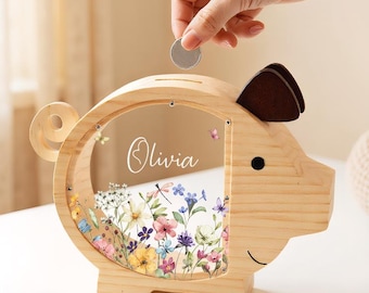 Personalized Girls Piggy Bank, Wood Money Box for Kids, Baby Shower Gift, Personalized Wood Piggy Bank, Nursery Decor,Wooden Chritmas Gift