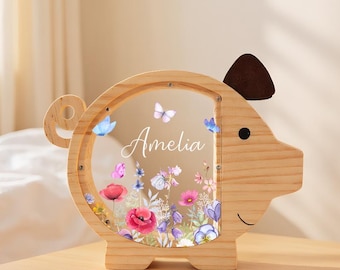 Personlig spargris i trä för barn, sparbössa med eget namn, myntbössa för barn från 2026, babyshowerpresent, sparbössa för födelsedag