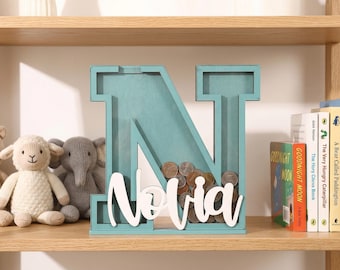 Custom Wooden Letter Piggy Bank, Boho Nursery Decor, Large Alphabet Money Box for Kids Room, Personalized Wood Savings Bank, Minimalist Gift