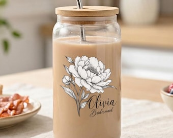 Bruidsmeisjesglas met rietje, ijskoffiebeker met geboortebloem, drinkgerei met bloemenmotief, cadeau voor bruidsmeisjes, gepersonaliseerd cadeau voor haar