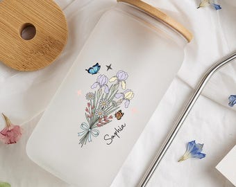 Bicchiere personalizzato con fiore di nascita, tazza da caffè in vetro con fiori personalizzati, regalo per lei, festa della mamma, compleanno, damigella d'onore.