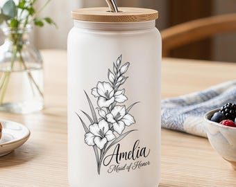 Floral Glass Tumbler, Personalized Birth Flower Tumbler, Iced Coffee Cup with Straw,Gifts for Her, Bridesmaid Proposal Gift, Graduation Gift