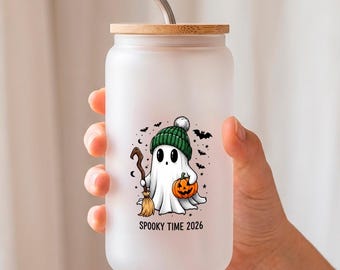 Copo de vidro com fantasma de Halloween, xícara de café fofa e assustadora, copo para café gelado na época do Halloween, presente perfeito para amantes de café no outono.