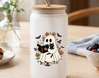 Spookachtig leesbekertje, cadeau voor boekenliefhebbers, Halloween ijskoffiebeker met boekenprint, schattig glazen bekertje, leuk griezelig drinkgerei voor lezers