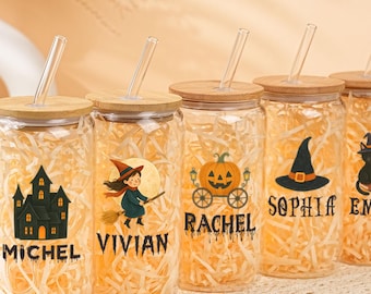 Bicchiere in vetro personalizzato con fantasma di Halloween, bicchiere da caffè freddo personalizzato con tema stagione spettrale, regalo di Halloween, tazza da caffè con simpatico fantasma, tazza in vetro di Halloween
