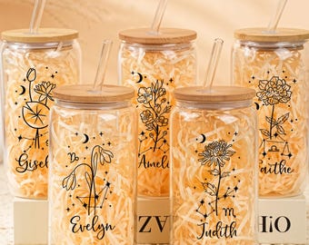 Birth Flower Zodiac Sign Tumbler,Custom Zodiac Sign Glass Cup,Zodiac Star Iced Coffee Cup,Horoscope Gift,Astrology Gift,Gift For Her Friends
