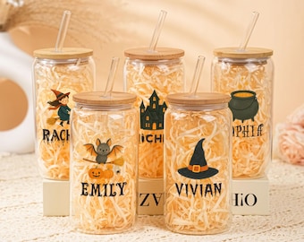 Personalized Halloween Libbey Glass,Cute Halloween Iced Coffee Cup,Frosted Bamboo Lid Coffee Cup,Spooky Season Gift,Halloween Gift for Her