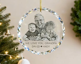 Custom opa fotokristalornament, gepersonaliseerde familiefoto zonnevanger, kerstboomversiering, cadeau van kleinkinderen