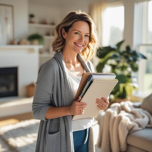 以下が含まれることがあります： 女性がノートとフォルダーの束を持ちながら微笑んでいます。白いシャツとブルージーンズの上に灰色のカーディガンを着ています。背景には暖炉、大きな植物、ソファがあります。
