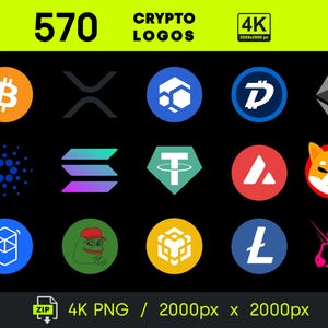 Puede incluir: Una colección de logotipos de criptomonedas sobre un fondo negro. La imagen incluye logotipos de Bitcoin, Ripple, Ethereum, Cardano, Solana, y otros. El texto "570 CRYPTO LOGOS" está en la parte superior, con "4K" y las dimensiones de la imagen. Disponible como archivo PNG 4K.
