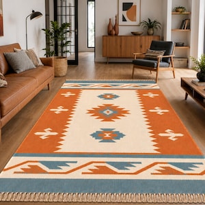 Handmade Wool Dhurrie Rug, Orange Blue Geometric Kilim Rug, Flatweave Area Rug, Boho Bedroom Rug, Living Room Carpet, Custom Size