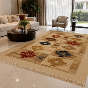 Handwoven Wool Dhurrie Rug, Beige Rustic Geometric Kilim Rug, Flatweave Area Rug, Boho Scandinavian Living Room Carpet Custom Size