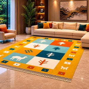 Könnte beinhalten: Ein rechteckiger Teppich mit gelbem Rand und einem zentralen Design mit blauen, orangefarbenen und weißen Quadraten. Die Quadrate enthalten grafische Elemente, darunter Bäume, Kamele und geometrische Formen. Der Teppich befindet sich in einem Wohnzimmer.