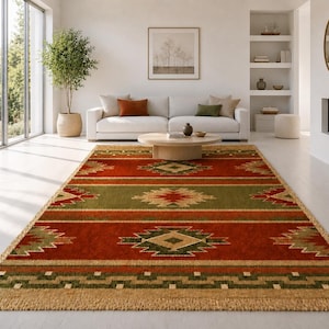Könnte beinhalten: Ein rechteckiger Teppich mit einem geometrischen Muster aus horizontalen Streifen in Rostrot, Olivgrün und Beige. Das Design umfasst wiederkehrende Rautenmotive und eine stufenförmige Bordüre, abgeschlossen mit kurzen Fransen an den Enden.