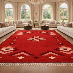 Handwoven Red Dhurrie Rug Geometric Star Pattern Flat Weave Rug  Cotton Wool Indian Dhurrie  Boho Living Room Use