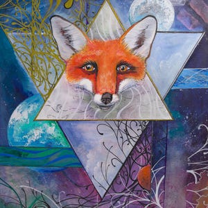 Digital download wall art Cosmic fox portrait Acrylic painting