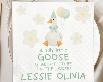 Personalized Silly Goose Baby Shower Paper Napkin, Gosling Floral Daisy Gender Neutral Decor, Newborn Holiday Event Tableware Supplies