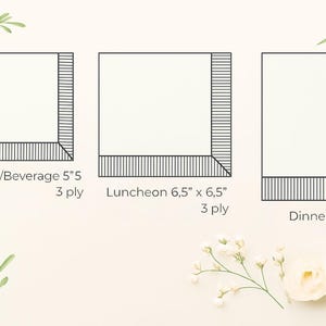 May include: Diagram of three different napkin sizes: Cocktail/Beverage (5"x5"), Luncheon (6.5"x6.5"), and Dinner (4"x8"). Each napkin is white with a folded corner and a striped border. The image includes floral accents.
