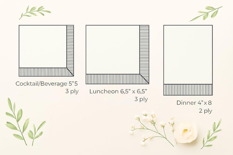 May include: Diagram of three different napkin sizes: Cocktail/Beverage (5"x5"), Luncheon (6.5"x6.5"), and Dinner (4"x8"). Each napkin is white with a folded corner and a striped border. The image includes floral accents.