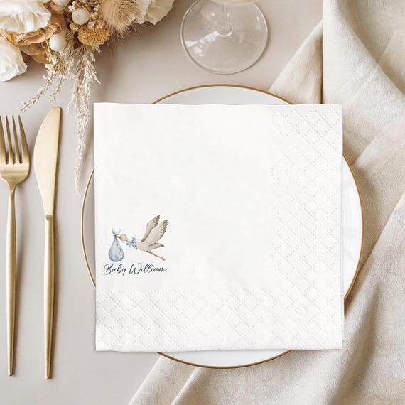 Personalized Stork Baby Shower Paper Napkin, Boho Stork Theme Gender Neutral Decor, Newborn Holiday Event Tableware Supplies
