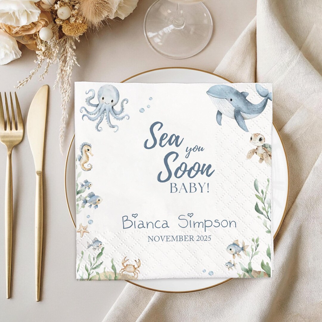 Personalized Sea You Soon Coastal Baby Shower Paper Napkin, Summer ...