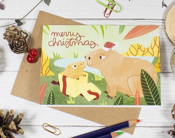 Merry Christmas Capybara Greeting Card | Rodent | Cute Animal Illustration | South America | Animal Lovers | Handmade