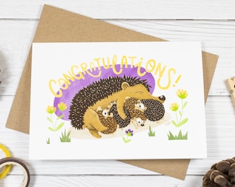 Hedgehog Mum Congratulations Card | Cute Animal Illustration | British Wildlife | Animal Lovers | New Mum | Handmade