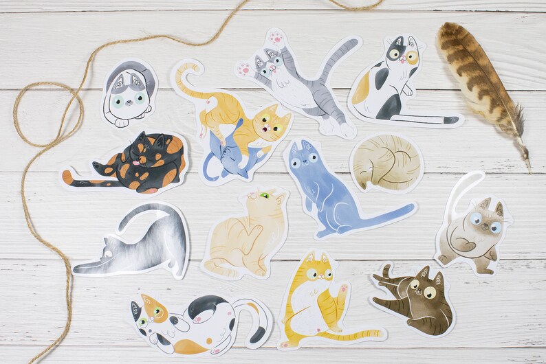 Sticker Pack 13 x Paper Stickers Cats Cute Decorative Handmade Handcut immagine 3