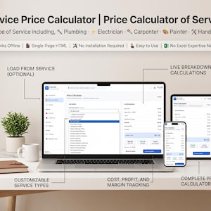 May include: A digital service price calculator displayed on a laptop, tablet, and smartphone. The interface features job details, live breakdown calculations, and customizable service types. Text includes Service Price Calculator and feature labels.