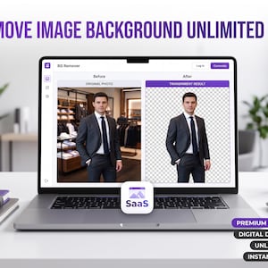 May include: A laptop screen displays a software interface titled BG Remover, showing a before and after comparison of a person in a suit with the background removed. The text REMOVE IMAGE BACKGROUND UNLIMITED USE appears at the top of the image.