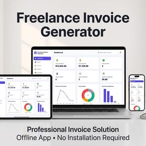 May include: A laptop, tablet, and smartphone displaying a Freelance Invoice Generator dashboard with financial charts, revenue data, and project metrics. The screen text reads Freelance Invoice Generator, Professional Invoice Solution, Offline App, No Installation Required.