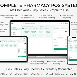 May include: A complete pharmacy POS system displayed on a laptop, tablet, and smartphone. The screens show a dashboard interface with inventory, sales, and payment tracking features. Text includes "COMPLETE PHARMACY POS SYSTEM" and "Quick Sales".