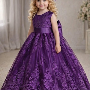Handmade Purple Lace Flower Girl Dress, Birthday Gown, Hair Accessory
