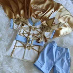 Blue Gold Prince Costume | Handmade Toddler Outfit | Personalized Cape & Crown | Boys Birthday or Circumcision Party Suit | Royal Look