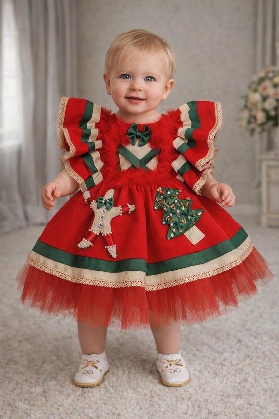 Handmade Christmas Tutu Dress: Gingerbread & Tree Details