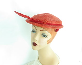 Vintage red hat 1950s, woman's 50s boater with feather, mid century