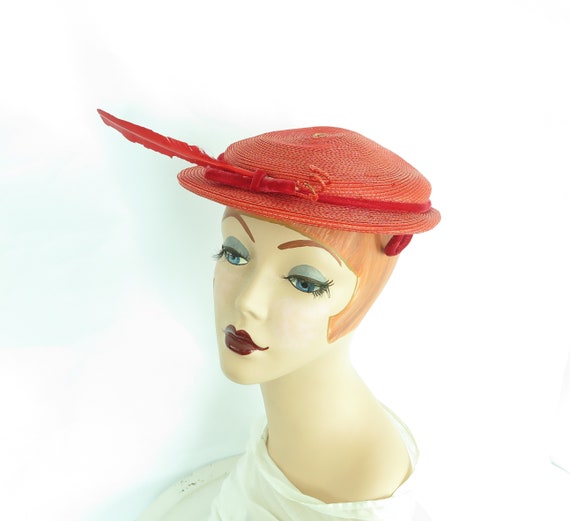 Vintage red hat 1950s, woman's 50s boater with fe… - image 1