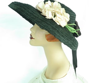 Vintage 30s hat black wide brim womans 1930s Gone With the Wind style