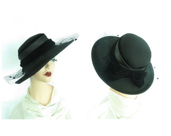 Vintage black hat felt velvet wide brim womans 1970s 70s Plaza Suite