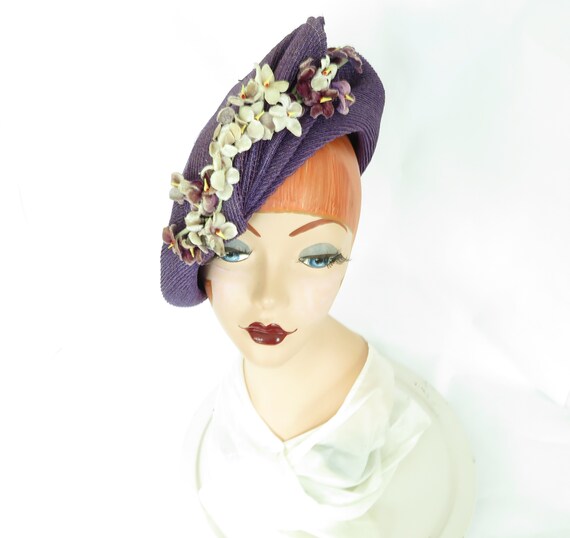 Purple vintage hat, 1940s tilt fascinator, woman's