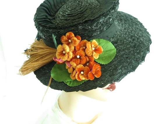 Vintage 30s hat black tilt womans 1930s 1940s ora… - image 8