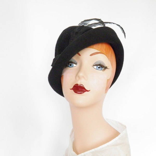 Black fedora hat, woman's vintage tilt, feathers, Marshall Field Co.