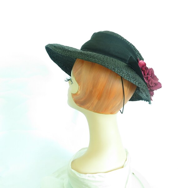 1930s vintage hat, straw fedora maroon flowers, w… - image 5