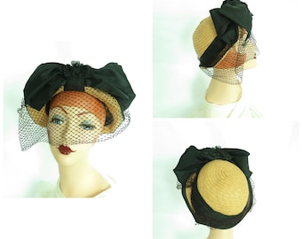 Vintage 30s hat womans 1930s straw with black ribbon bow