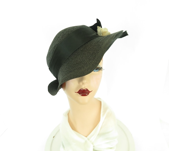 vintage 1930s hat, fedora tilt slouch, black with
