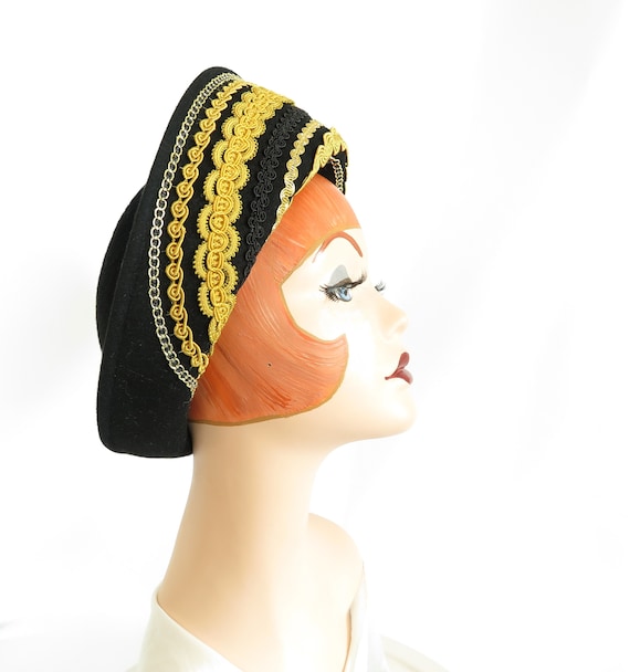Vintage black hat, gold trim, woman's Breton style
